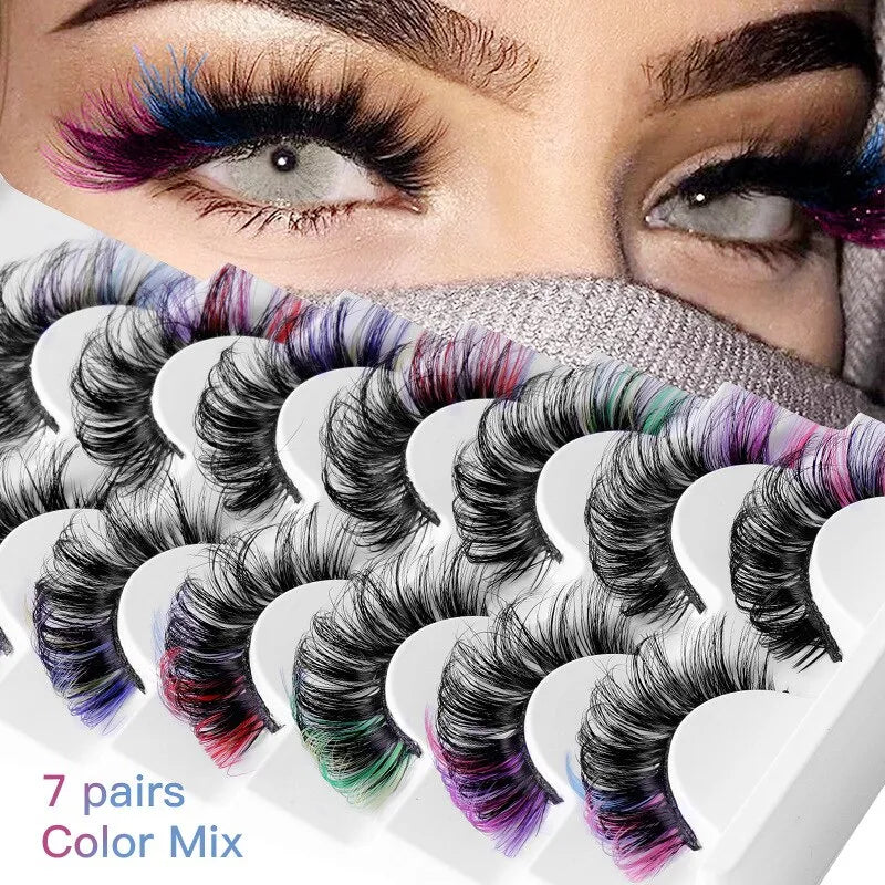 Colorful Mink Hair Fake Eyelashes - 7 Pairs of Thick, Curled Eyetail Lashes"