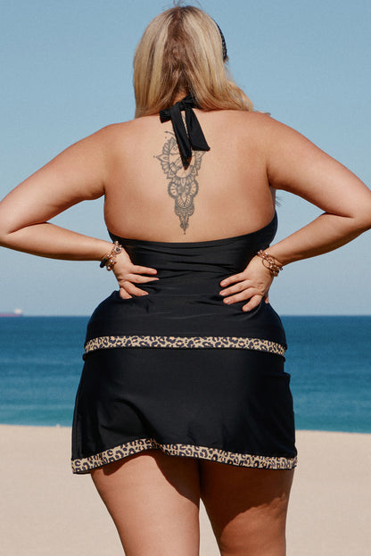 Plus Size Leopard Halter Neck Two-Piece Swimsuit