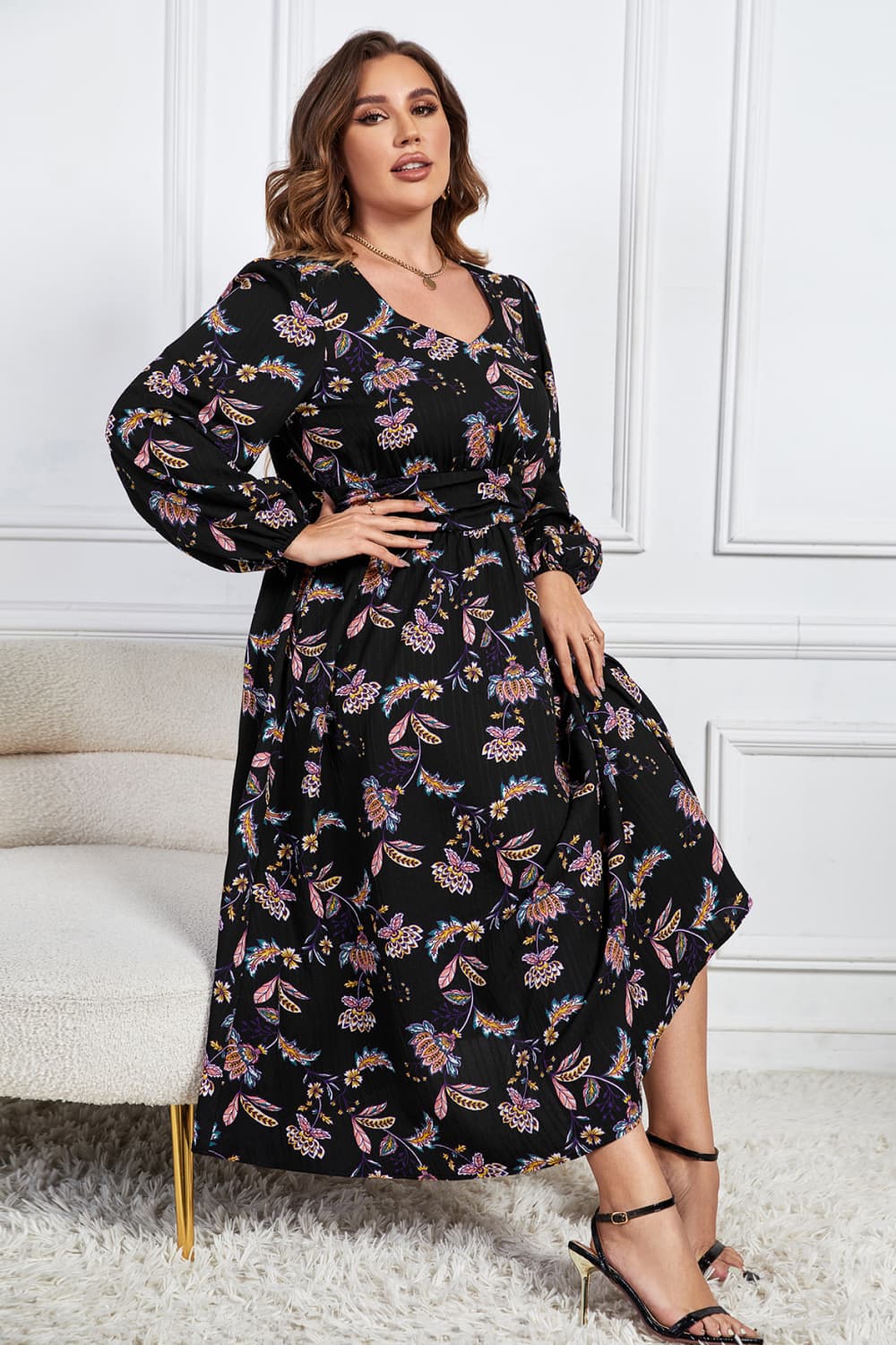 Melo Apparel Plus Size Floral Print Long Sleeve Midi Dress