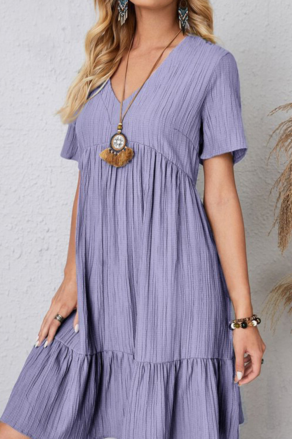 Full Size Ruched V-Neck Short Sleeve Dress