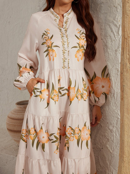 Printed Long Sleeve Midi Dress