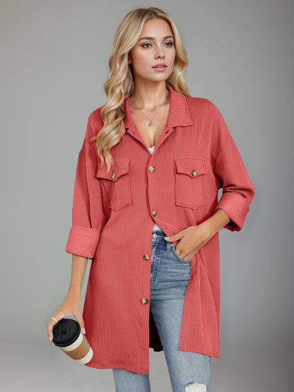 Double Take Textured Pocketed Collared Neck Long Sleeve Shirt