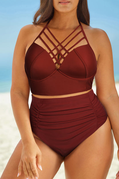 Full Size Halter Neck Crisscross Ruched Two-Piece Swimsuit