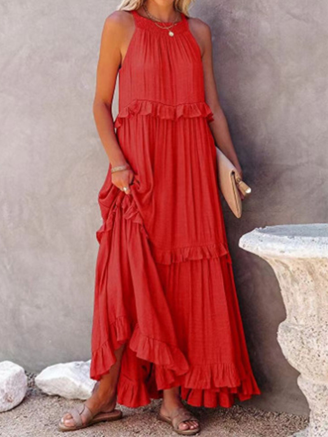 Ruffled Sleeveless Maxi Dress with Pockets