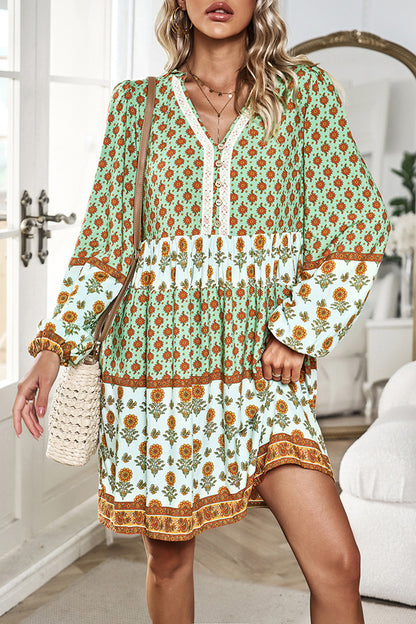 Printed V-Neck Long Sleeve Dress