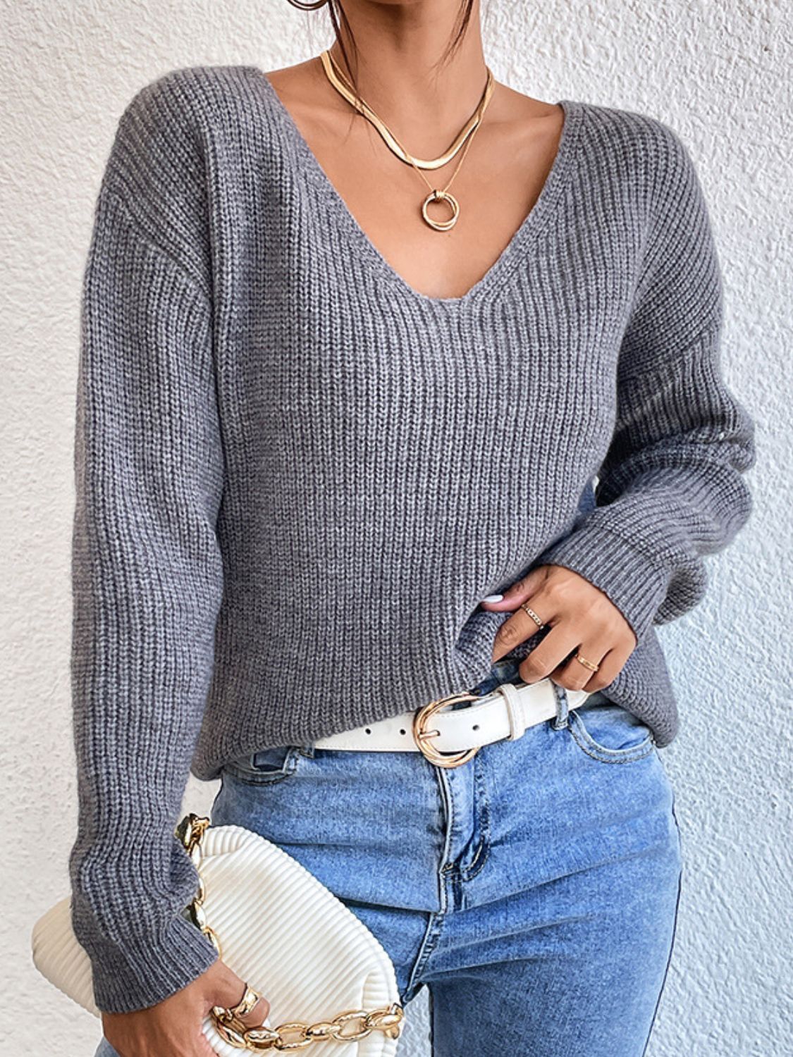 Crisscross V-Neck Long Sleeve Sweater