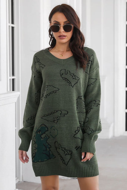 Dinosaur Pattern V-Neck Sweater Dress