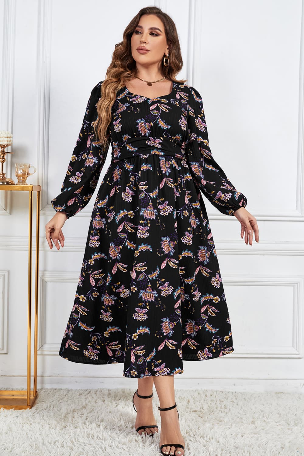 Melo Apparel Plus Size Floral Print Long Sleeve Midi Dress