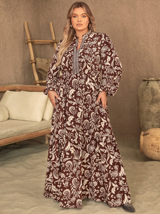 Plus Size Notched Balloon Sleeve Printed Maxi Dress