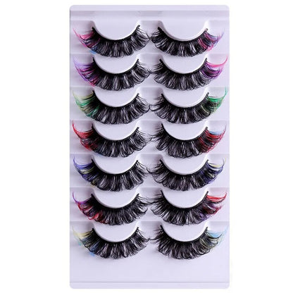 Colorful Mink Hair Fake Eyelashes - 7 Pairs of Thick, Curled Eyetail Lashes"