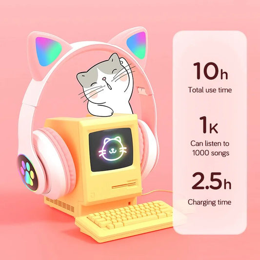 Wireless Cute Cat Ears Headphones with Bluetooth 5.0, Stereo Sound, Mic, TF Card Support – Perfect Earphone Birthday Gift for Kids and Girls