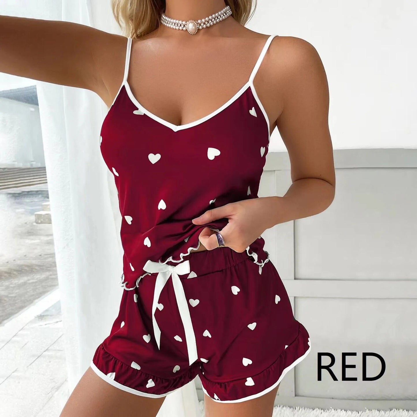 Women's Sexy Low-Cut Pajama Set - Pink and Red Summer Sleepwear