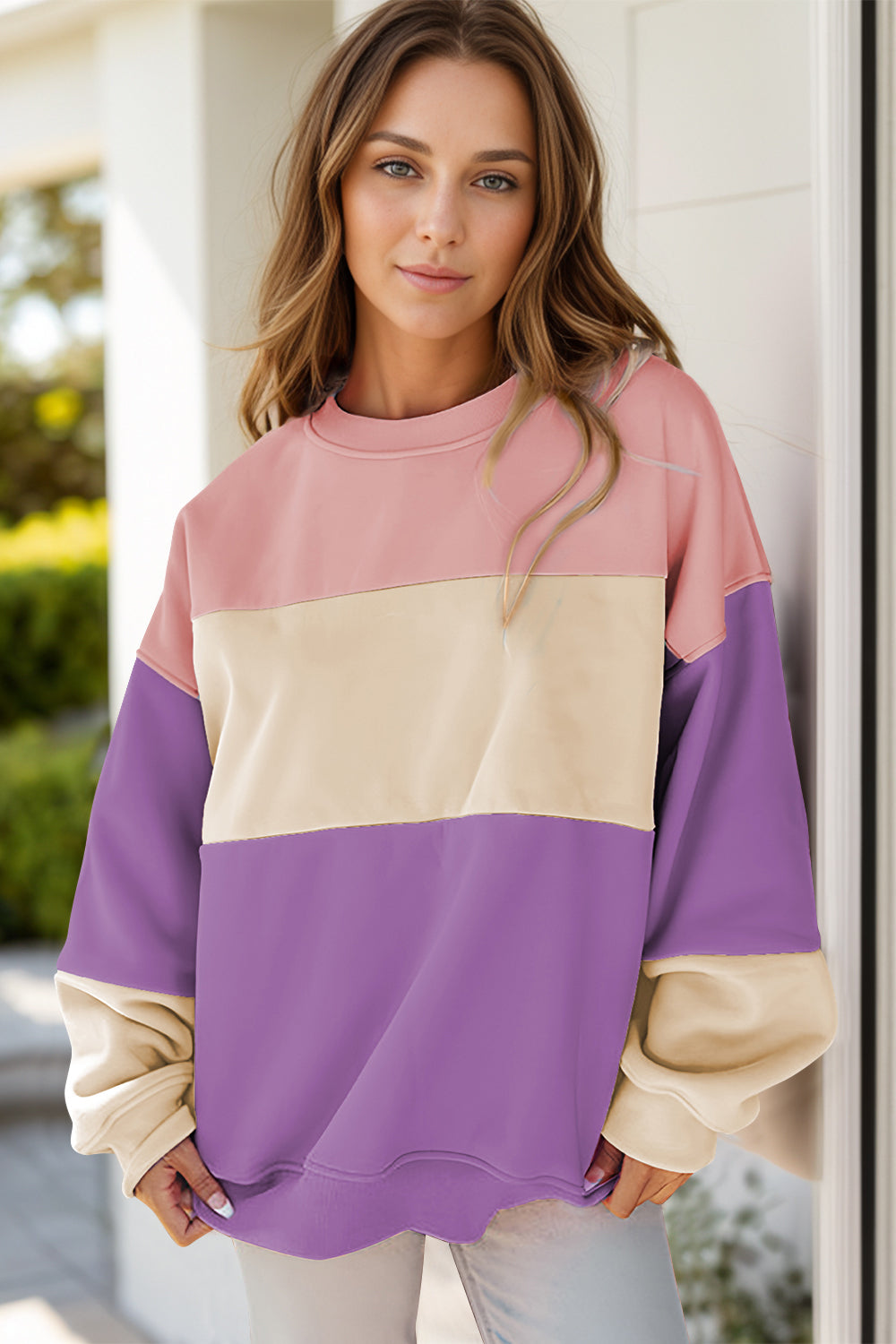 Color Block Round Neck Long Sleeve Sweatshirt