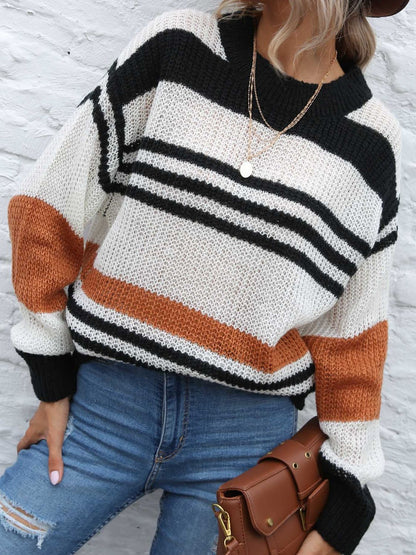 Contrast Striped Round Neck Long Sleeve Sweater