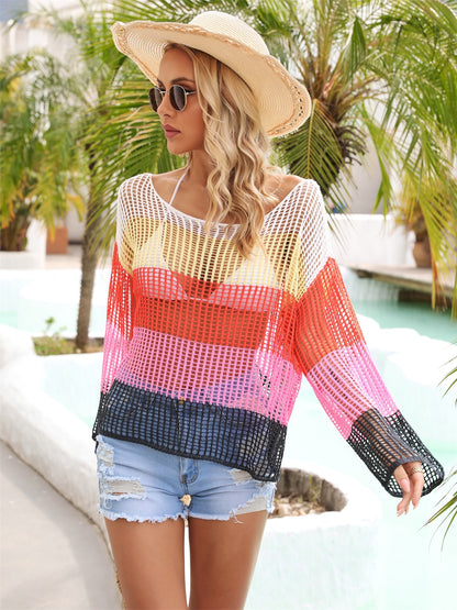 Color Block Openwork Boat Neck Cover Up