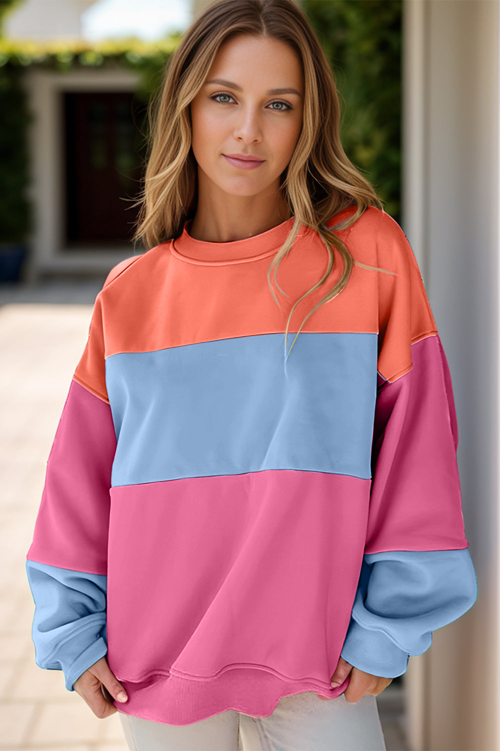 Color Block Round Neck Long Sleeve Sweatshirt