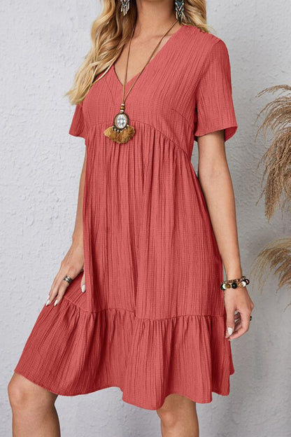 Full Size Ruched V-Neck Short Sleeve Dress