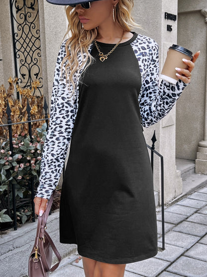 Ivy Lane Leopard Round Neck Long Sleeve Dress