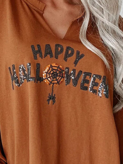 Sequin Letter Graphic Notched Long Sleeve Sweatshirt